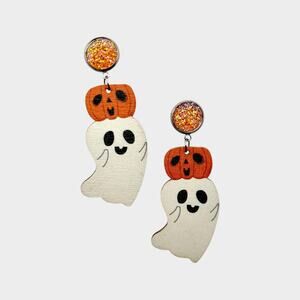 Pumpkin Ghost Wood Drop Earrings